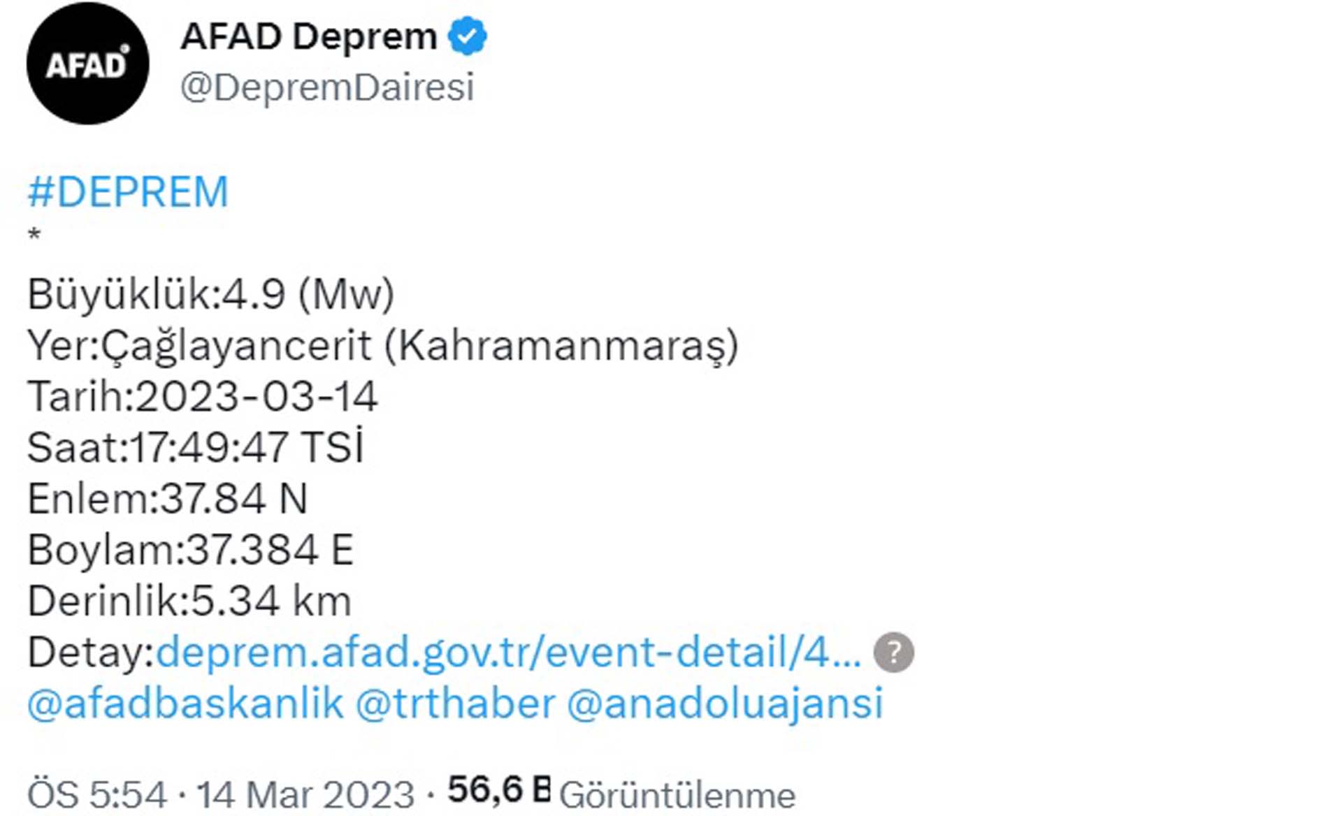Kahramanmaraş'ta 4.9 büyüklüğünde deprem!