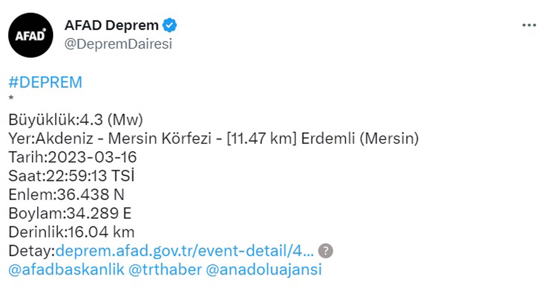 Akdeniz'de 4.3'lik deprem meydana geldi!