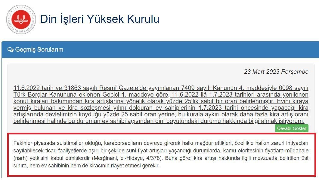 Konut kiracısı bir vatandaş Din İşleri Yüksek Kurulundan kira artışı fetva talep etti, işte o yanıt?