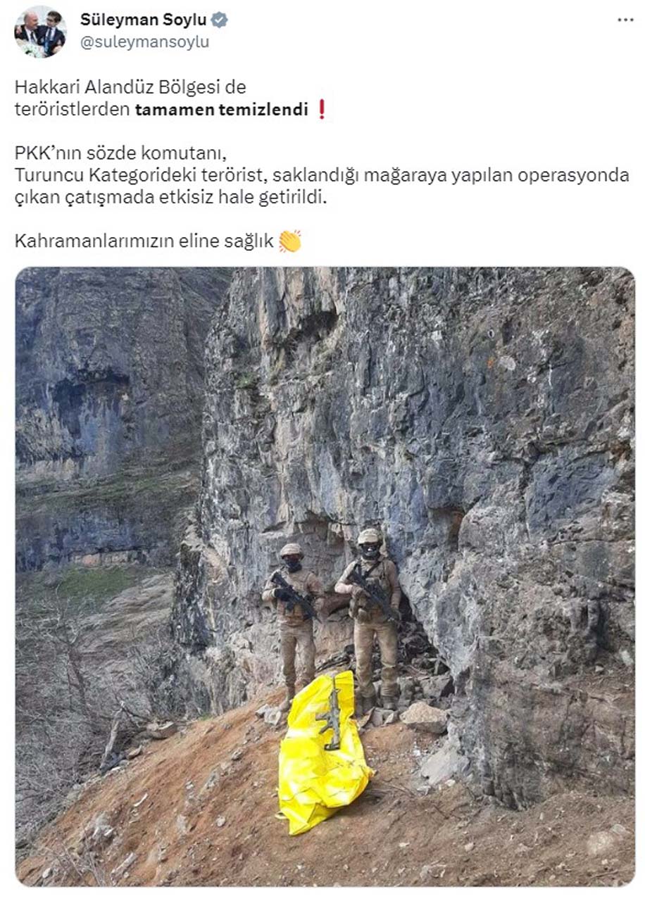 Süleyman Soylu duyurdu! Hakkari Alandüz bölgesinde Turuncu Kategoride aranan terörist etkisiz hale getirildiğini duyurdu!