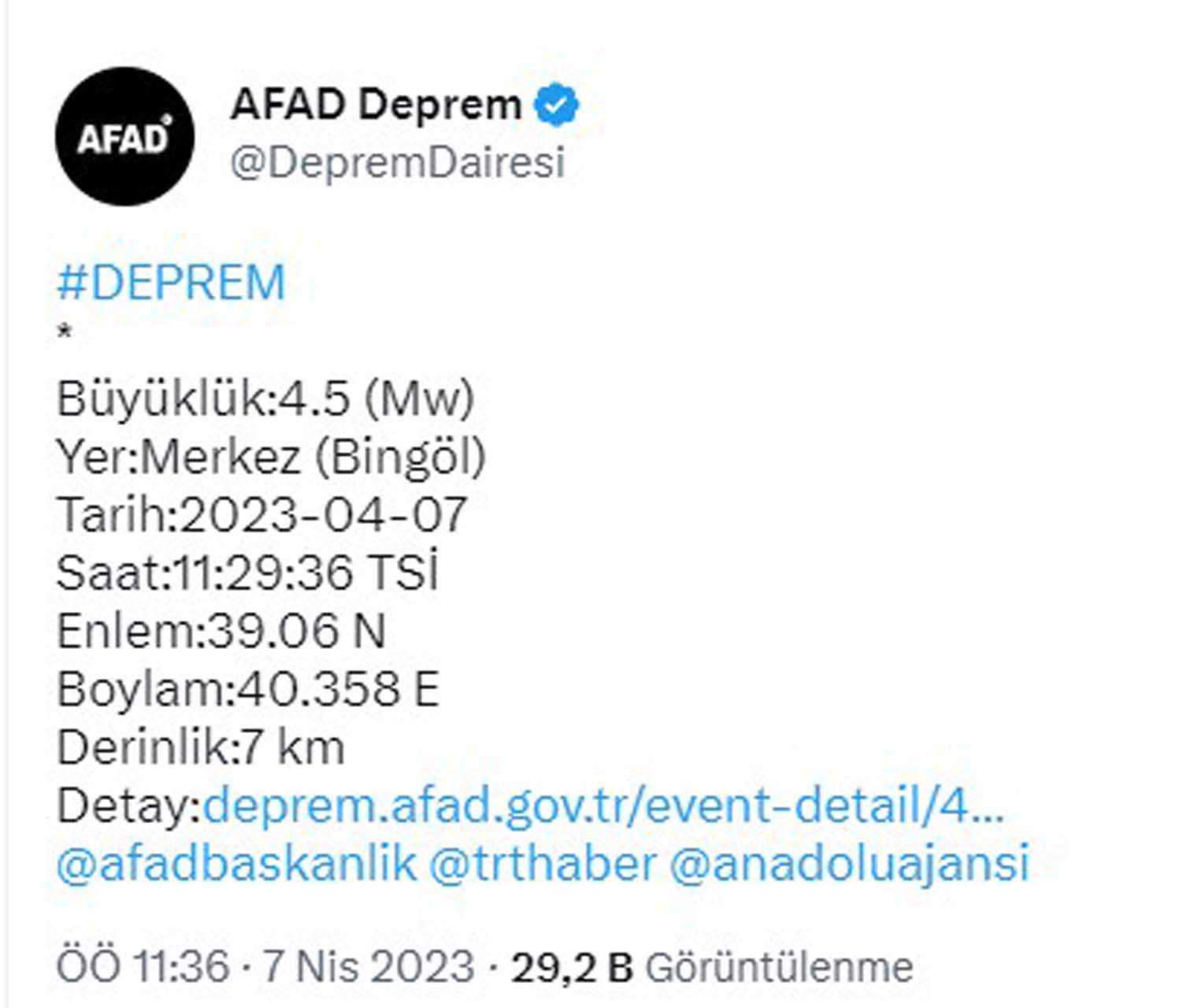 Bingöl'de 4.5 büyüklüğünde deprem meydana geldi!