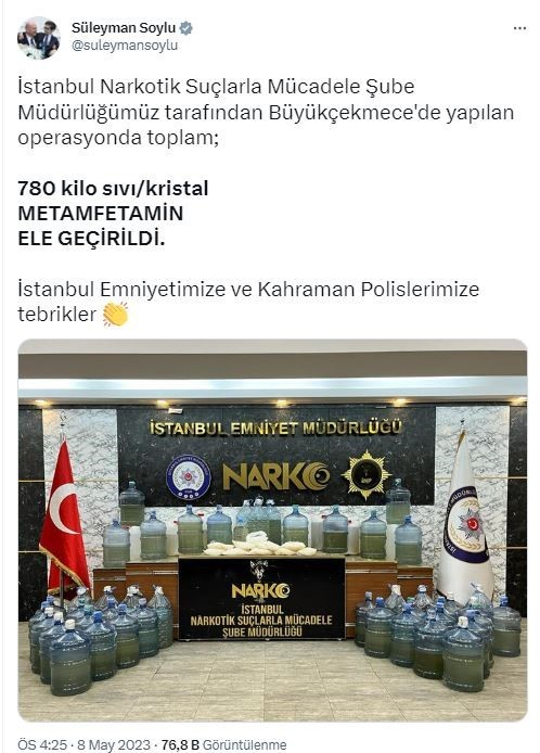İçişleri Bakanı Soylu açıkladı “Büyükçekmece’de 780 kilo sıvı kristal metamfetamin ele geçirildi”