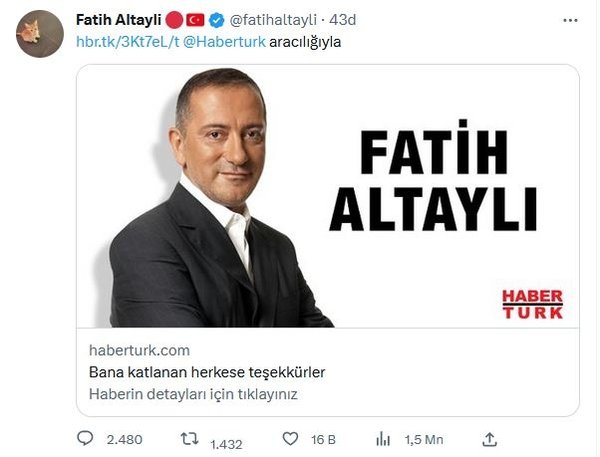 Fatih Altaylı "Bana katlanan herkese teşekkürler" diyerek Haber Türk'ten ayrıldığını duyurdu