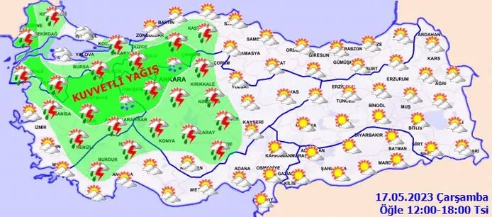 Meteoroloji'den 3 bölgeye sağanak yağış uyarısı, 17 Mayıs Çarşamba hava durumu
