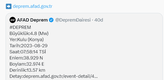 AFAD duyurdu: Konya'nın Kulu ilçesinde deprem meydana geldi