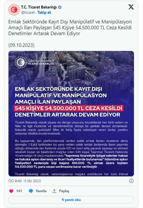 Ticaret bakanlığı açıkladı! Emlak sektöründe manipülasyon sona erecek, 54 milyonluk ceza yağdı