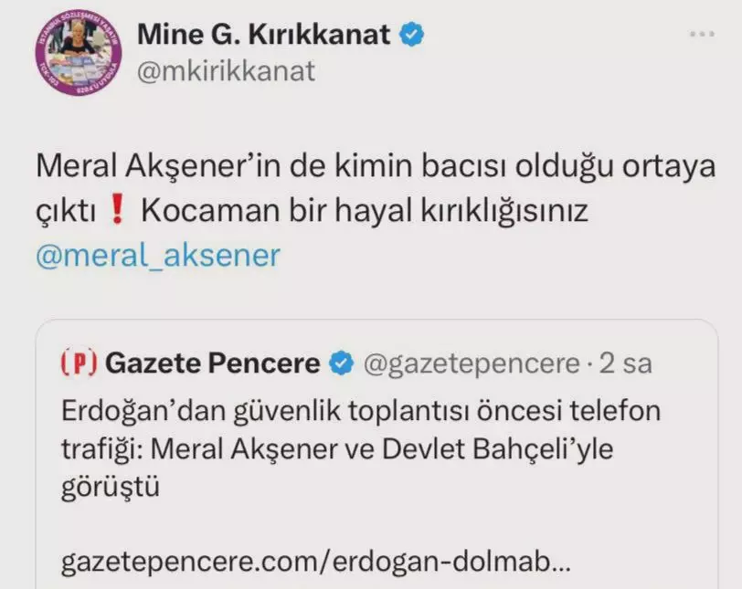 CHP'li gazeteci Mine Kırıkkanat'tan çirkin paylaşım: ''Meral Akşener'in kimin bacısı olduğu ortaya çıktı''