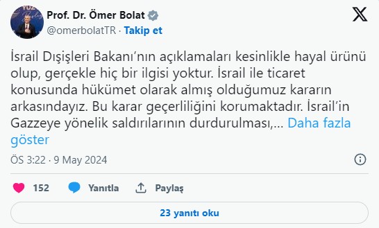 Ticaret Bakanı Ömer Bolat'tan İsrail Dışişleri Bakanı'na yalanlama! '' Kararımızın arkasındayız''
