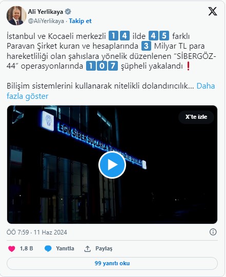 İçişleri Bakanı Yerlikaya, duyurdu: “Sibergöz-44” başarılı operasyonlarına bir yenisini daha ekledi