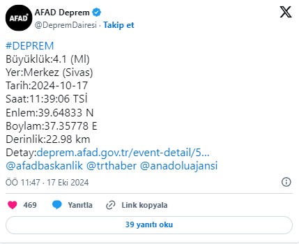 Son dakika! Sivas'ta 4.7 ve 4.1 büyüklüğünde peş peşe deprem!