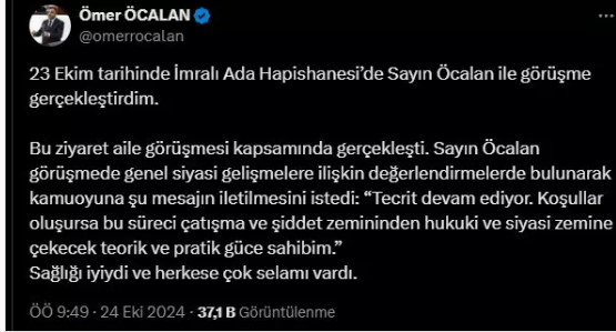 Yeğen Ömer Öcalan açıkladı! Bahçeli'nin çağrısı sonrası teröristbaşı Öcalan'dan ilk açıklama