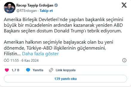 Son dakika! Cumhurbaşkanı Erdoğan: Dostum Trump'ı tebrik ediyorum