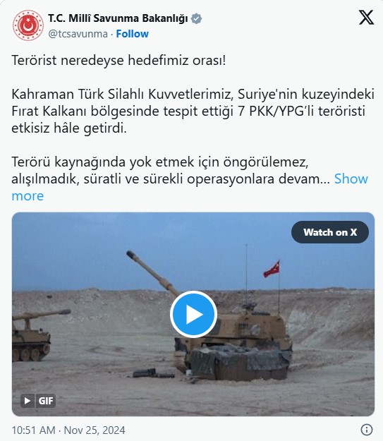 MSB'den soluk kesen operasyon: Fırat Kalkanı bölgesinde PKK/YPG'li 7 terörist etkisiz hale getirildi!