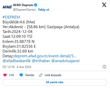 Son dakika! Antalya'da 4,6 büyüklüğünde deprem!