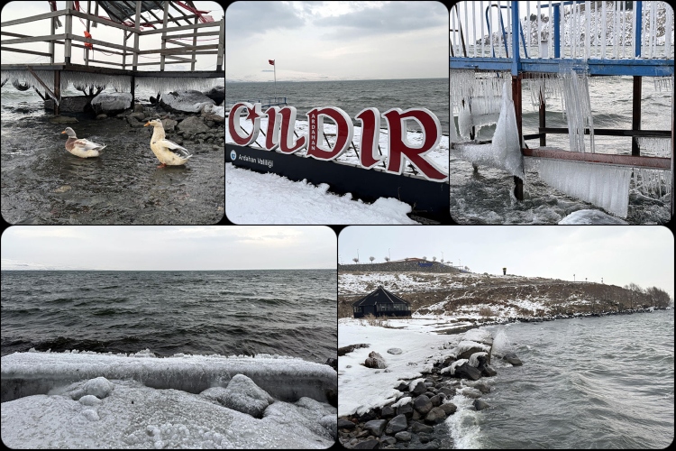 Çıldır Gölü'nde kıyıya vuran dalga bile dondu: İşte o ilginç görüntüler...