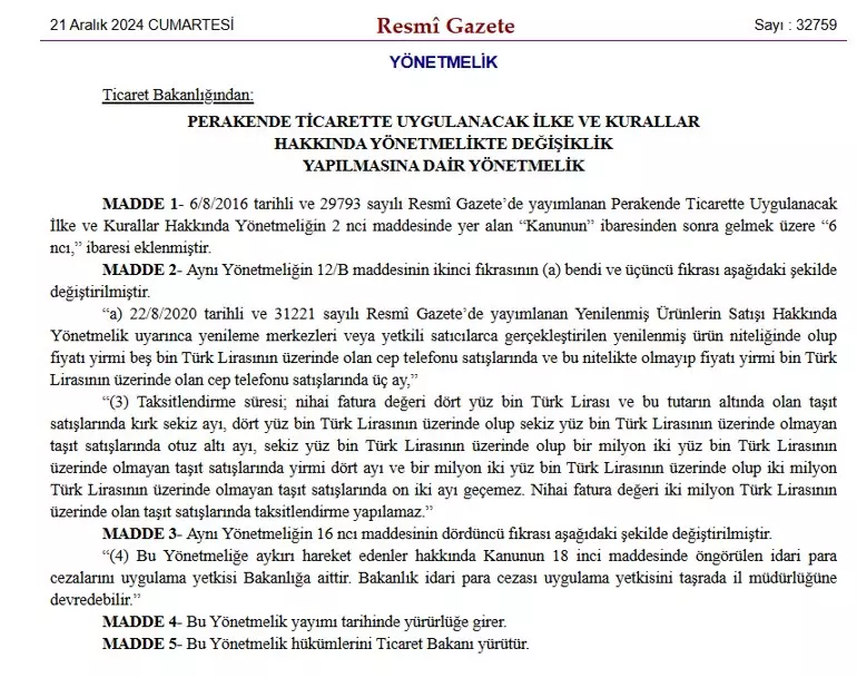 Resmi gazetede yayımlanarak yürülüğe girdi! Cep telefonu ve ikinci araçta yeni dönem başlıyor? taksit sayıları değişti