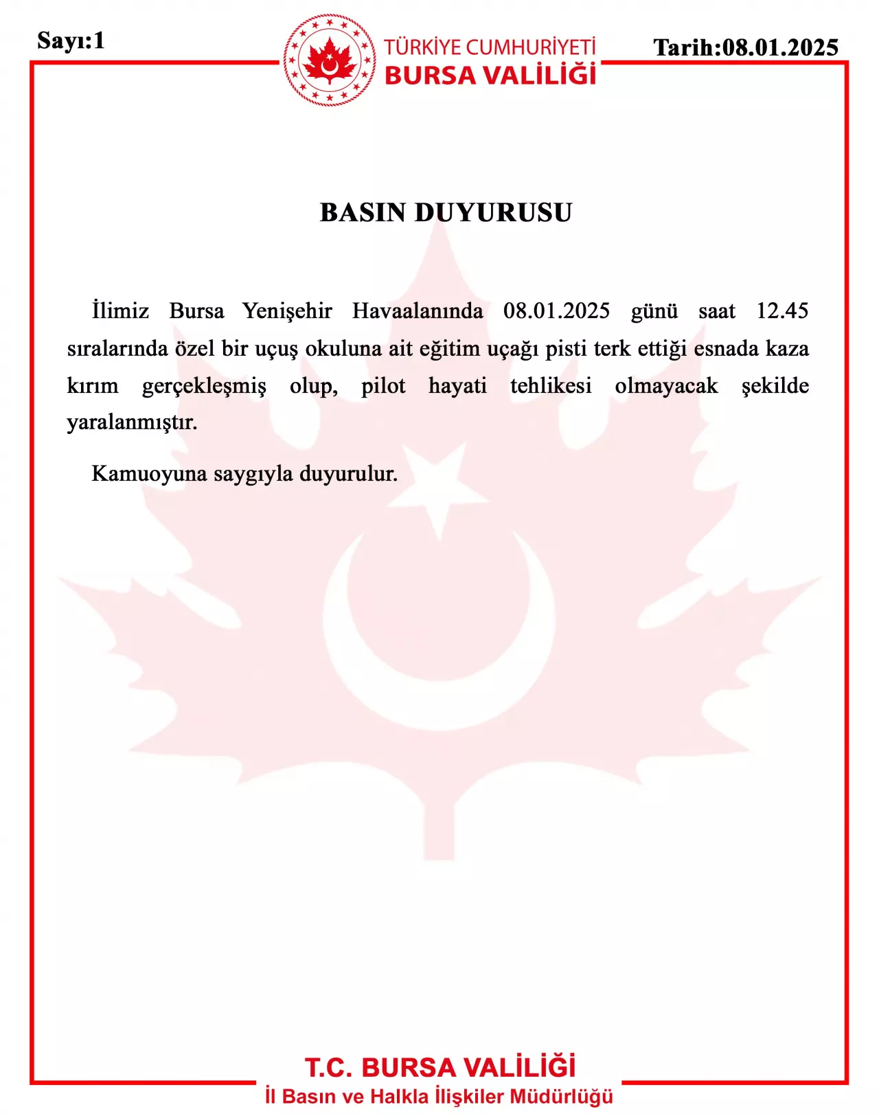 Bursa'da uçak düştü: Valilikten kazayla ilgili açıklama geldi