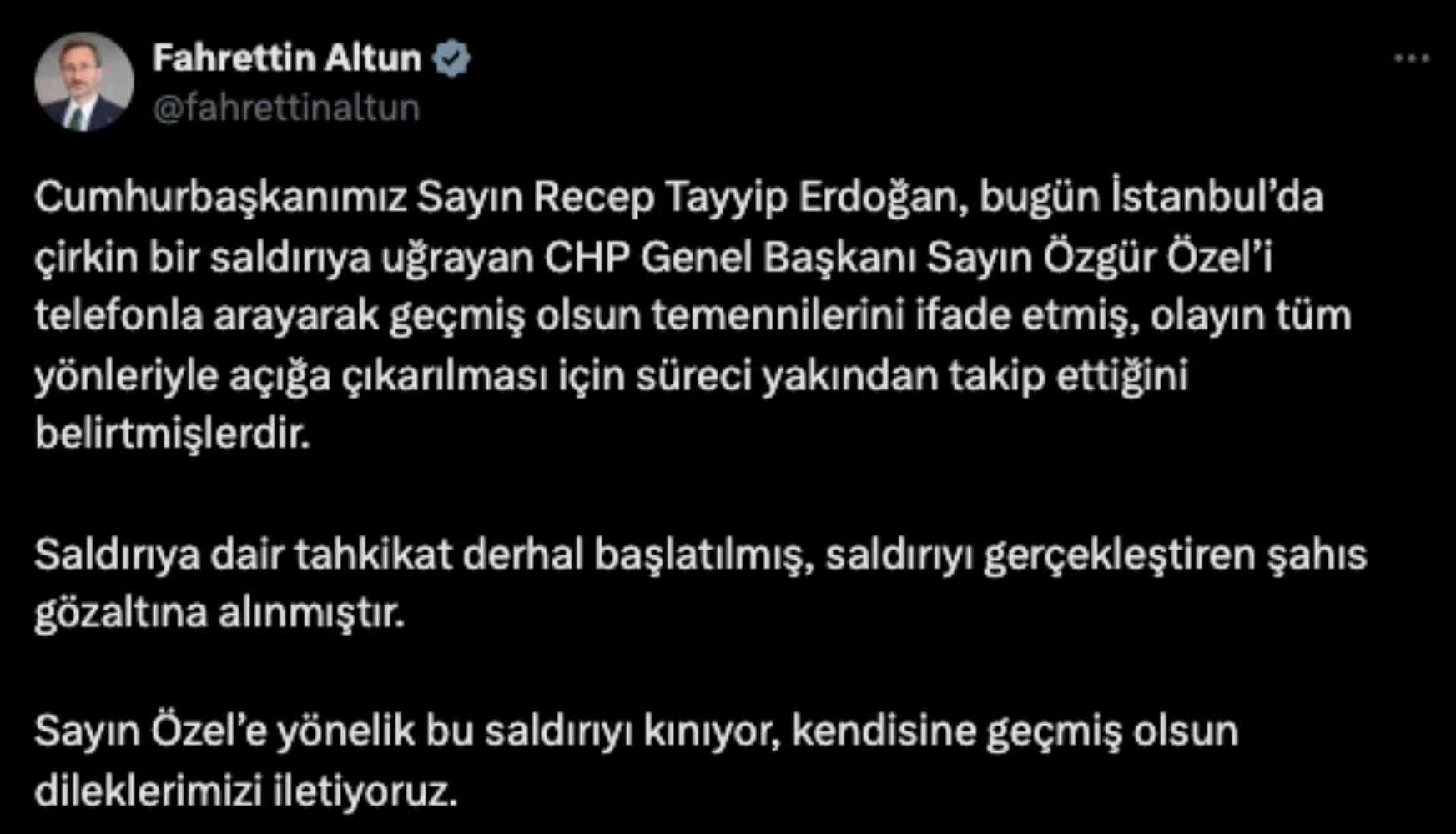 Cumhurbaşkanı Erdoğan'dan saldırıya uğrayan cCHP Genel Başkanı Özgür Özele geçmiş olsun telefonu
