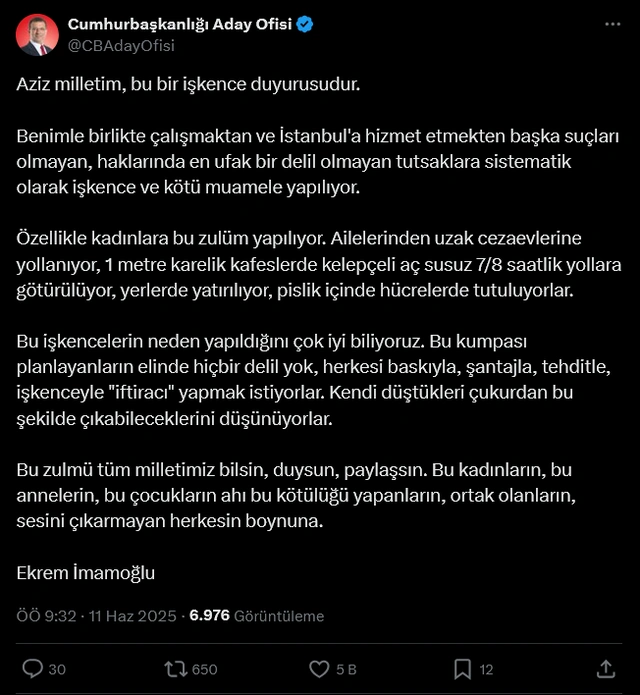 Ekrem İmamoğlun'dan akıllara zarar iddialar: İBB soruşturmasında tutuklananlara işkence uygulanıyor