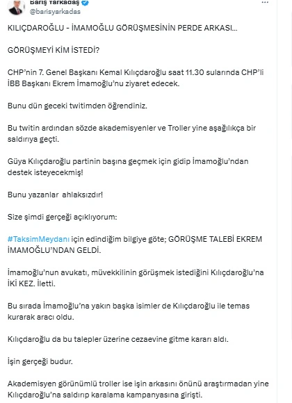 Barış Yarkadaş Kılıçdaroğlu, İmamoğlu görüşmesinin perde arkasını açıkladı: Görüşmeyi kim istedi, görüşmede neler konuşulacak?