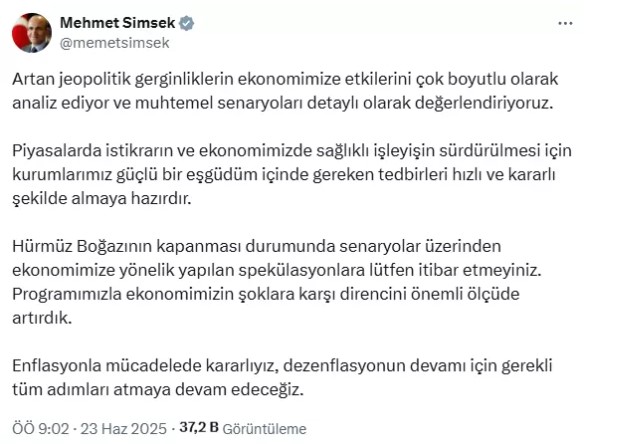 Bakan Şimşek'ten son dakika açıklama: Hürmüz Boğazı'nın kapanmasına yönelik spekülasyonlara itibar etmeyiniz!