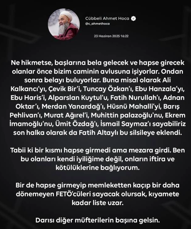 Cübbeli Ahmet'ten olay Fatih Altay'lı paylaşımı: 'Darısı diğer müfterilerin başına gelsin'