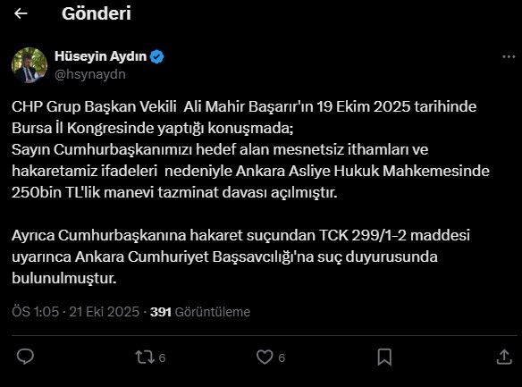 Erdoğan'ın avukatı duyurdu: CHP Grup Başkan Vekili Ali Mahir Başarır'a tazminat davası!