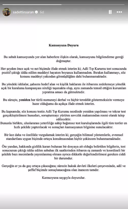 Uyuşturucu testi pozitif çıkan Fenerbahçe başkanı Sadettin Saran'dan dikkat çeken açıklama!