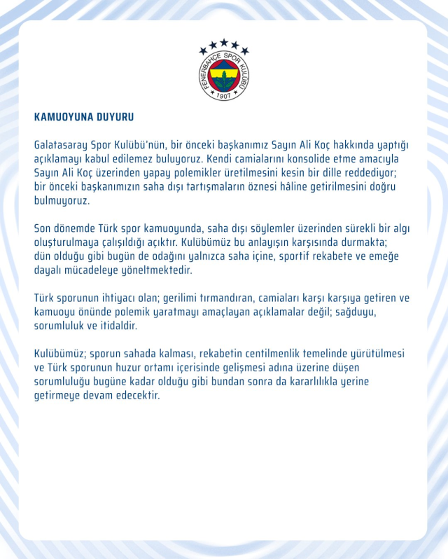 Galatasaray'ın Ali Koç yorumuna Fenerbahçe'den sert yanıt: Kabul edilemez!