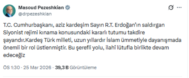 Pezeşkiyan'dan Cumhurbaşkanı Erdoğan'a Türkçe mesaj var!