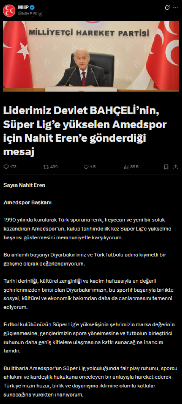 MHP lideri Bahçeli Amedspor Başkanı Nahit Eren’i tebrik etti