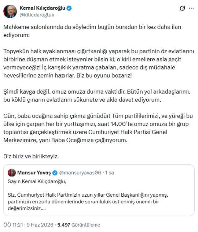 Kemal Kılıçdaroğlu'ndan CHP grup toplantısına ilişkin son dakika açıklama: 14.00'te genel merkezdeyiz...