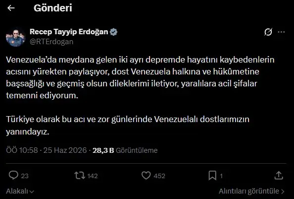 Venezuela'dan Başkan Erdoğan'a dayanışma teşekkürü!