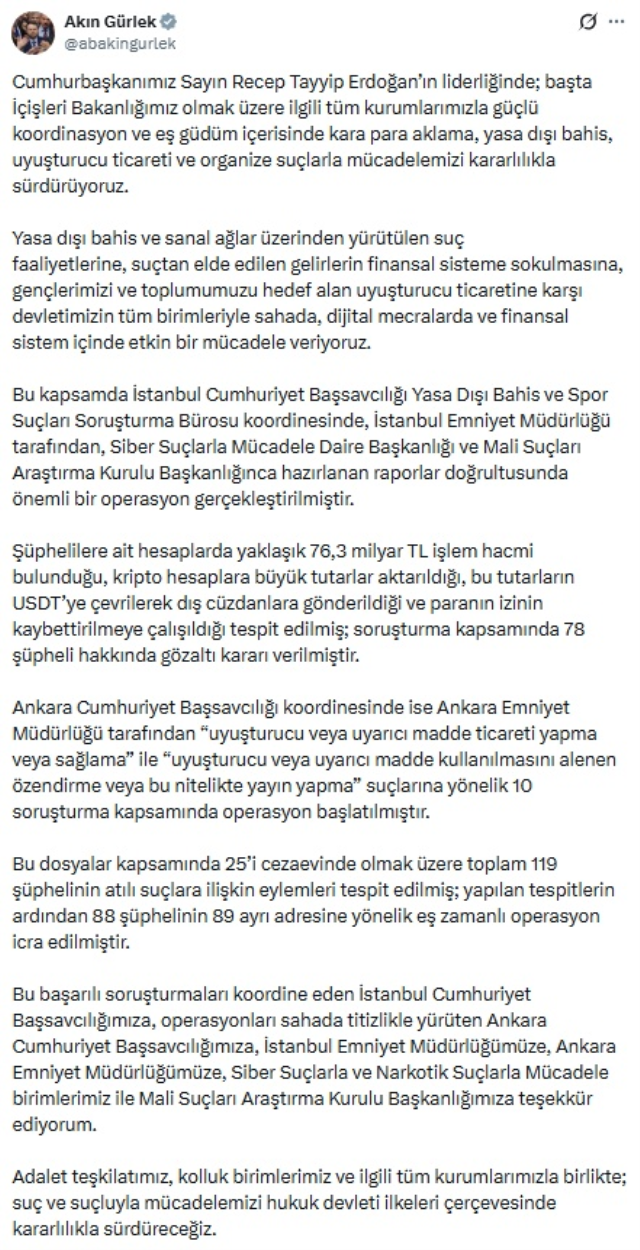 Bakan Gürlek son dakika: 76 milyarlık yasa dışı bahis ağına büyük darbe!