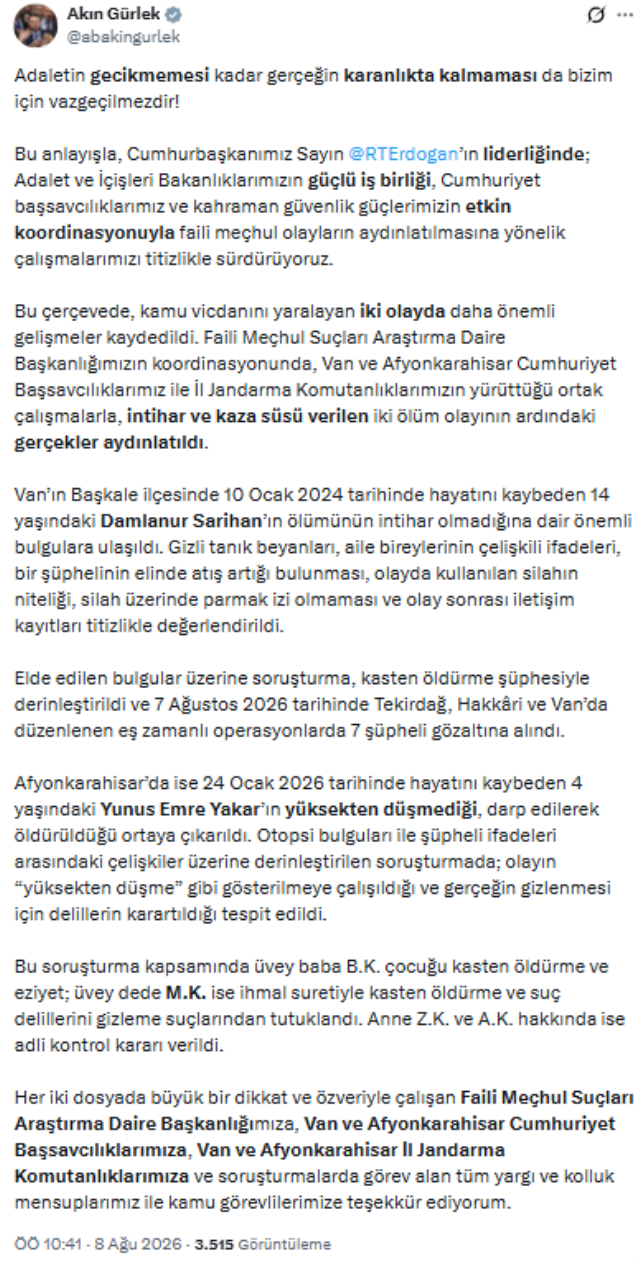 ''Çözülmemiş dosya kalmayacak'' demişti: Bakan Gürlek şüpheli 2 çocuğun ölümünü mercek altına aldı!