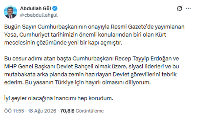 Abdullah Gül'den çerçeve yasayla ilgili ilk açıklama geldi: Erdoğan ve Bahçeli’ye tebrik mesajı