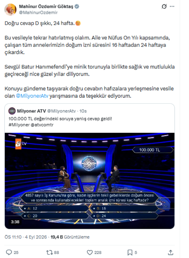 Milyoner’de yarışmacı bilemediği o soruya, Bakan Göktaş'tan yanıt gecikmedi