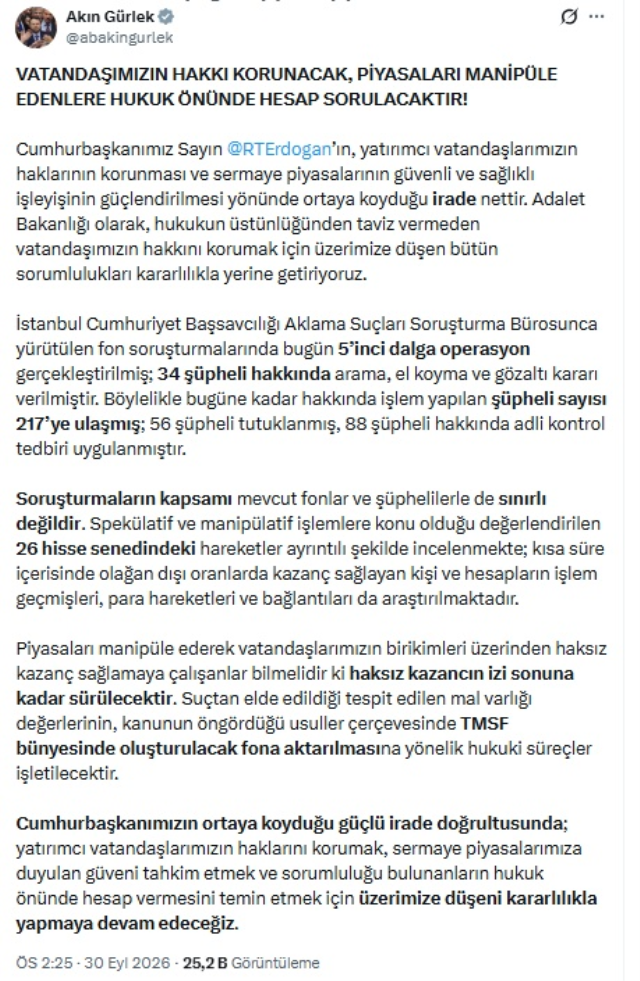Bakan Gürlek duyurdu: Fon soruşturmasında 5. dalga operasyon! 34 şüpheli hakkında gözaltı kararı verildi...