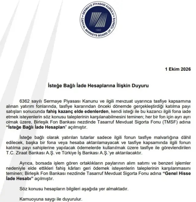 SPK'dan önemli duyuru: Fonlardan kendi isteği ile fahiş kazanç elde edenler için iade hesapları açıldı