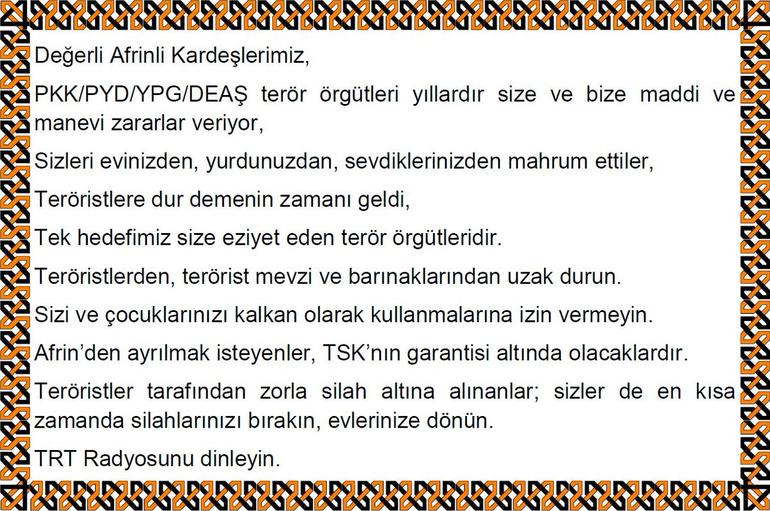 TSK'dan Afrin'de Sivil Halka Kürtçe ve Arapça Bildiri