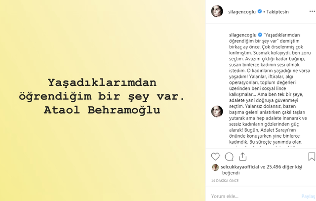 Mahkeme sonrası Sıla'dan ilk paylaşım