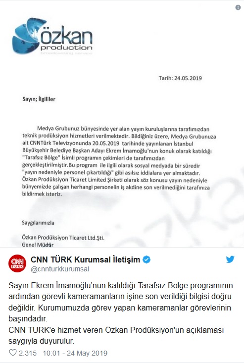 İmamoğlu yayınıyla ilgili Kanal D ve CNN'de açıklama