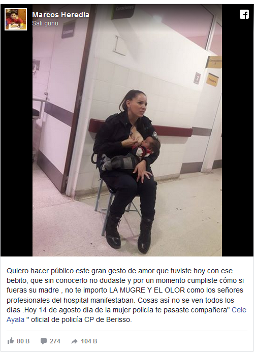 Arjantin'de polis memuru açlıktan ağlayan bebeği emzirdi