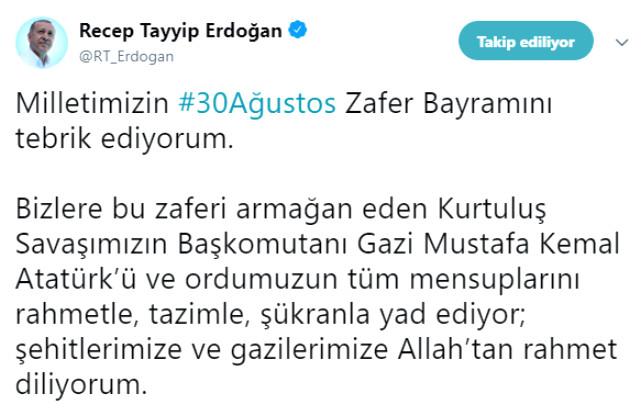 Başkan Erdoğan'dan sosyal medya üzerinden 30 Ağustos Zafer Bayramı mesajı
