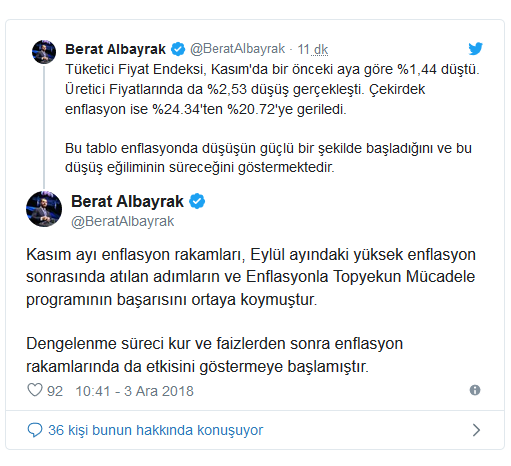 Berat Albayrak'tan Kasım ayı enflasyon rakamları yorumu