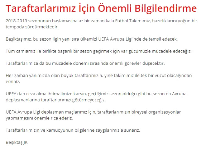Beşiktaş Avrupa Ligi'ndeki maçlarına taraftar götürmeme kararı aldı
