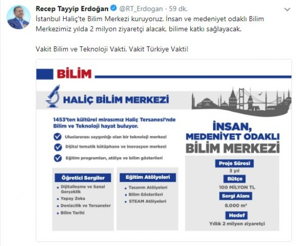 Cumhurbaşkanı Erdoğan'dan bilim merkezi müjdesi