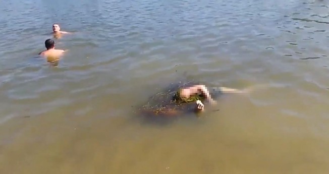 Akılalmaz görüntü! Cesedin yanında yüzmeye devam ettiler