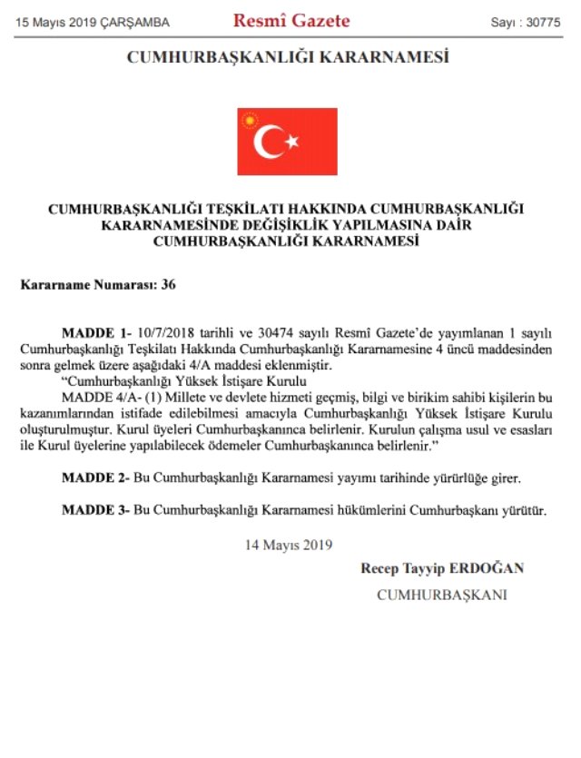 Cumhurbaşkanlığı Kararnamesi,Cumhurbaşkanı onayı ile Resmi Gazete'de yayımlandı