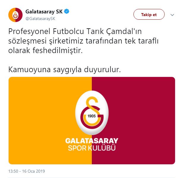 Galatasaray Tarık Çamdal'ın sözleşmesinin feshedildiğini açıkladı